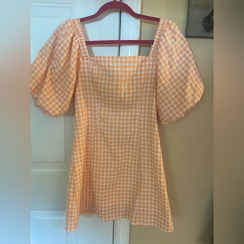 Gingham Square-Neck Mini Dress in Peach